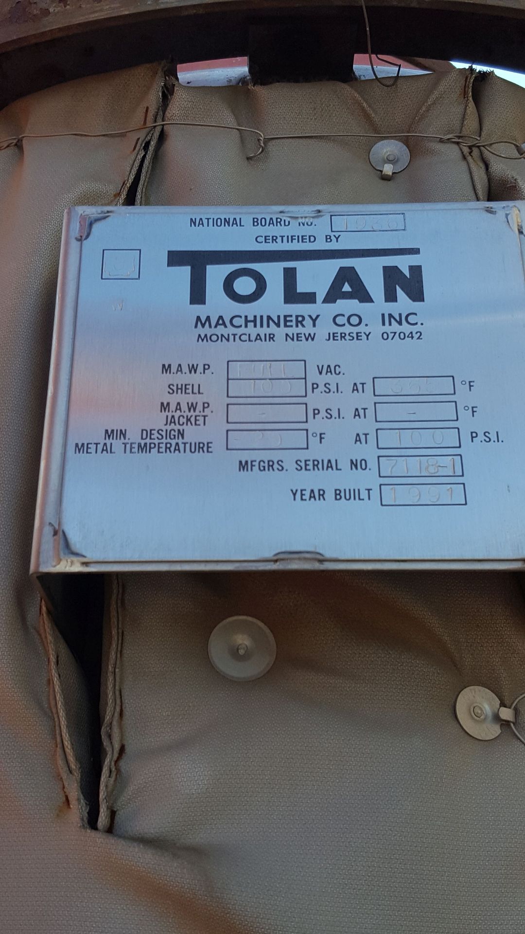 Tolan Machinery Stainless Steel Vessel 65" x 36" National Board 1936 - Image 6 of 7