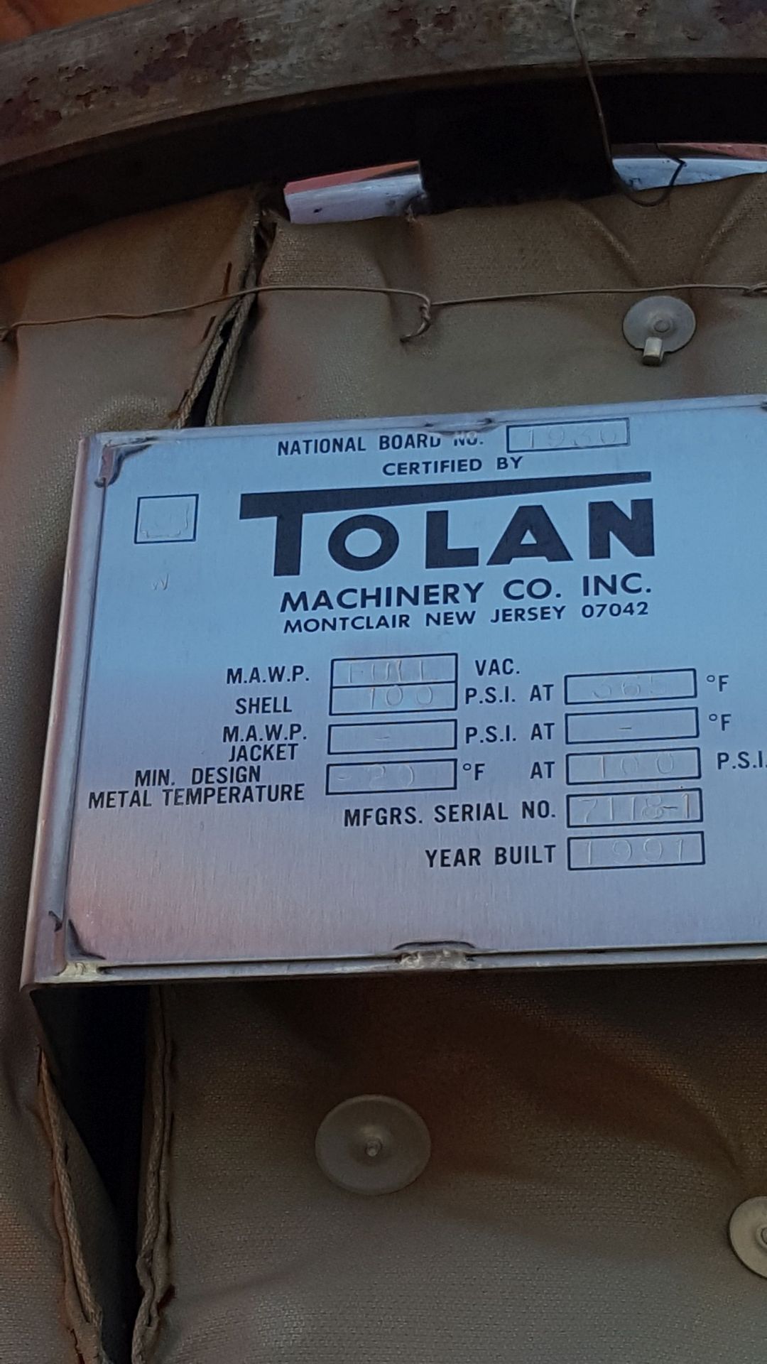 Tolan Machinery Stainless Steel Vessel 65" x 36" National Board 1936 - Image 4 of 7