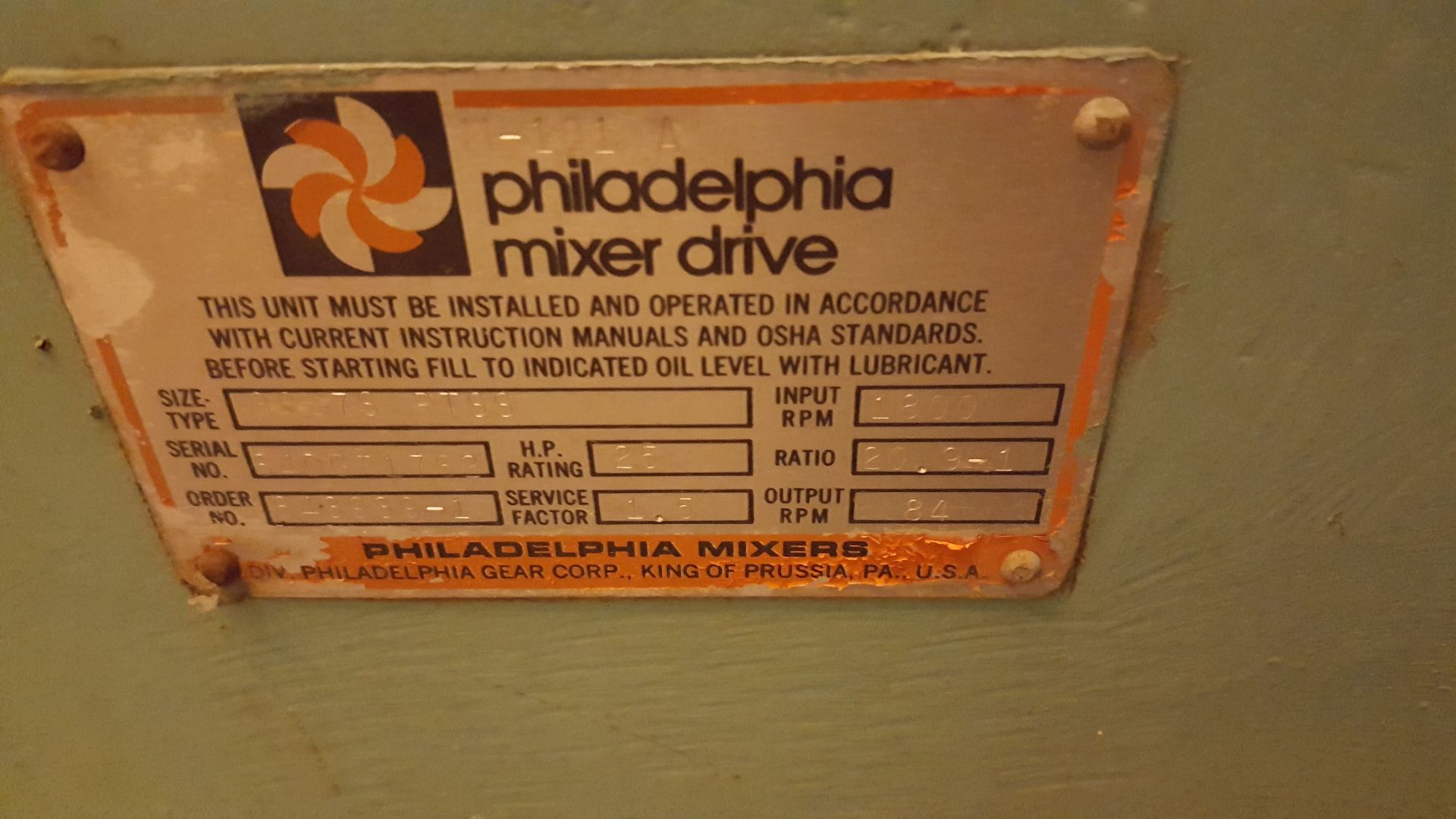 Philadelphia Agitator/Mixer Drive. Type Size 3807S - Image 2 of 9
