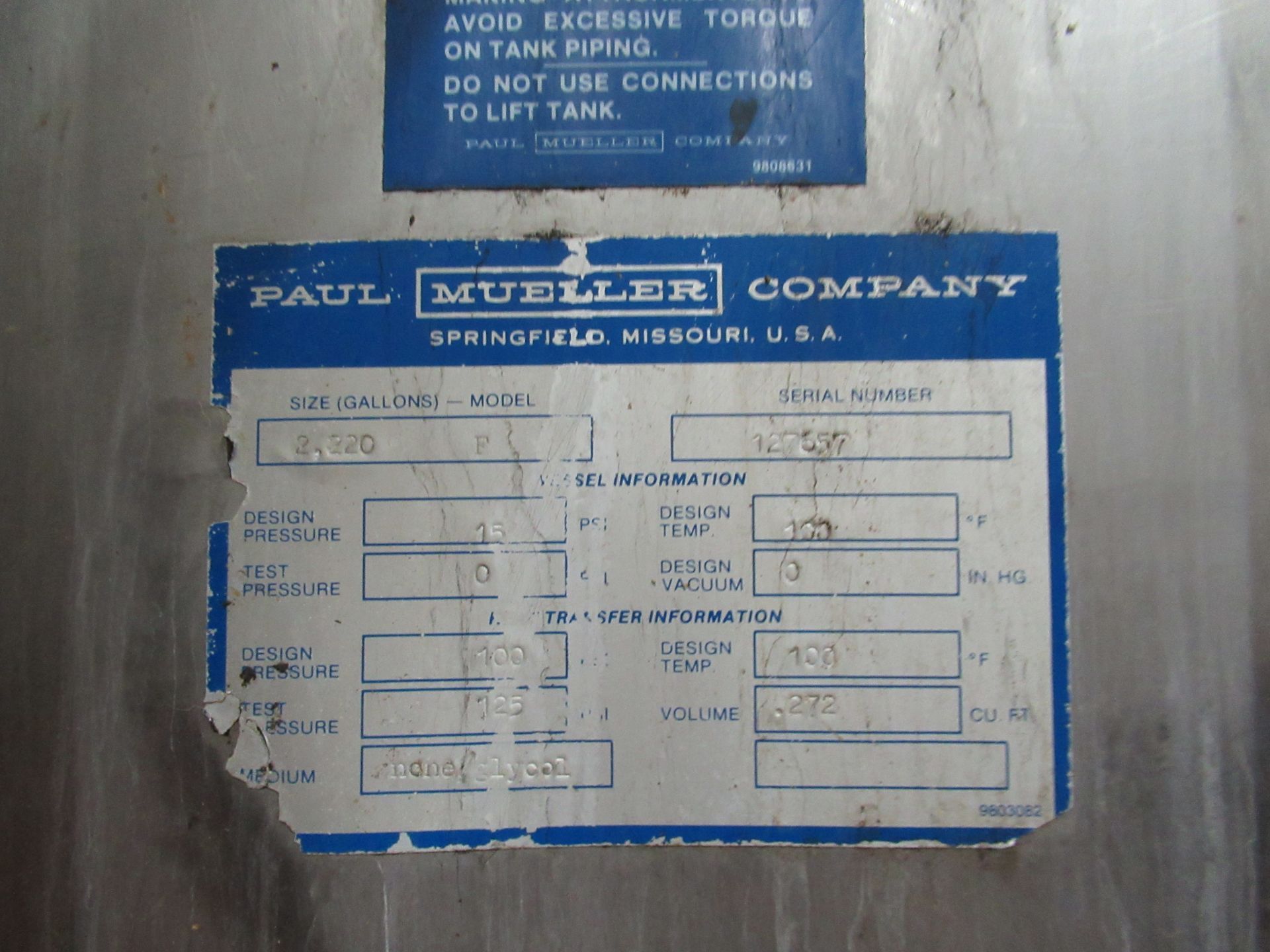 Mueller 70 BBL (2,220 gal.) Stainless Steel Cone Bottom jacketed fermenter - Image 5 of 5