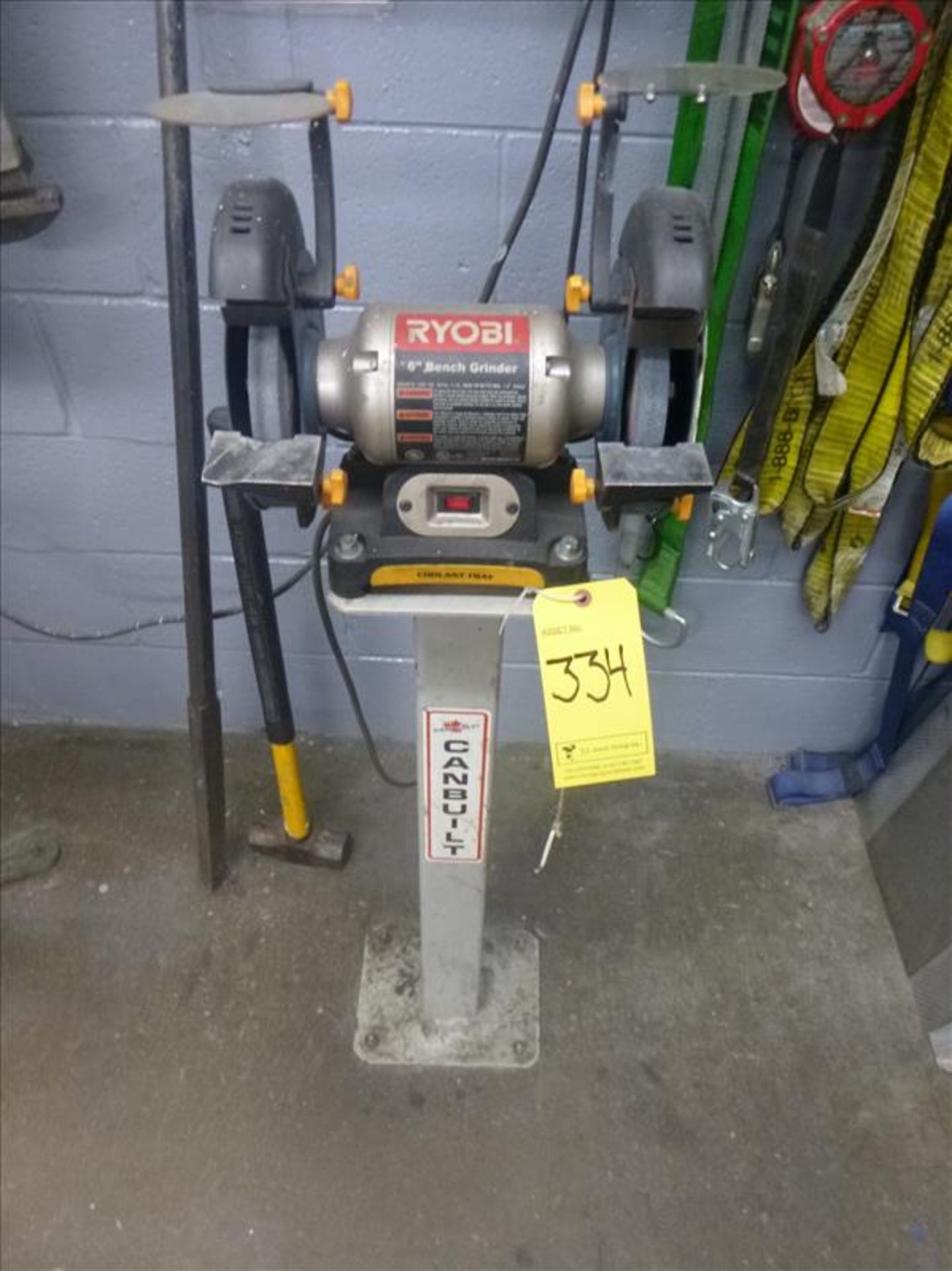 Ryobi 6" double-end bench grinder, c/w Canbuilt pedestal stand, model BGH616, ser. no. LM271321