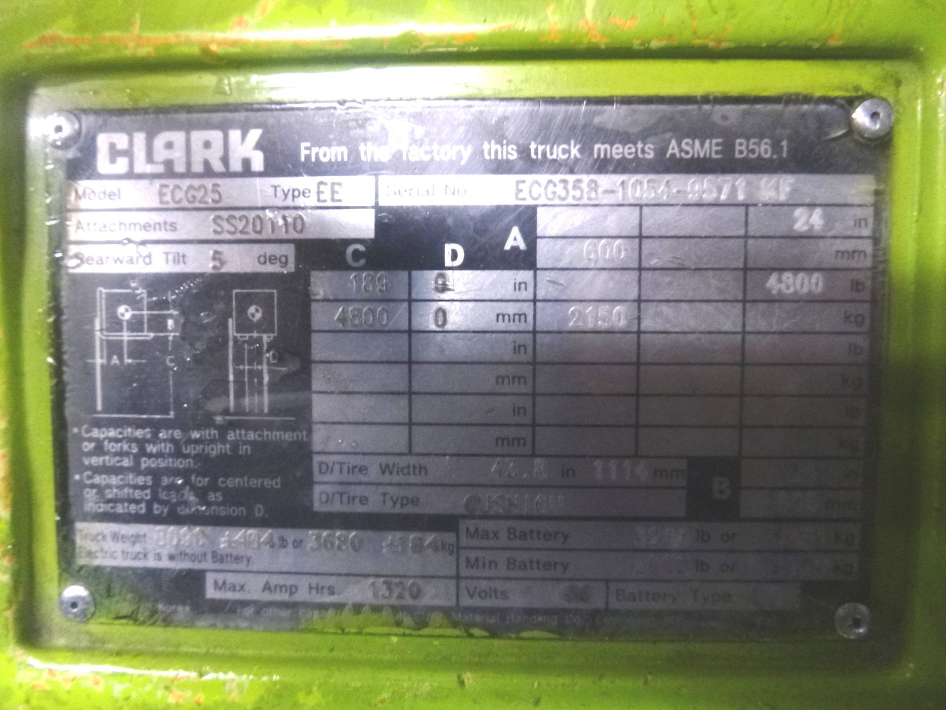 Clark Electric Forklift, model ECG25, 4800 lb capacity to 189" lift height, s/n ECG358-1054-9571 KF, - Image 4 of 4