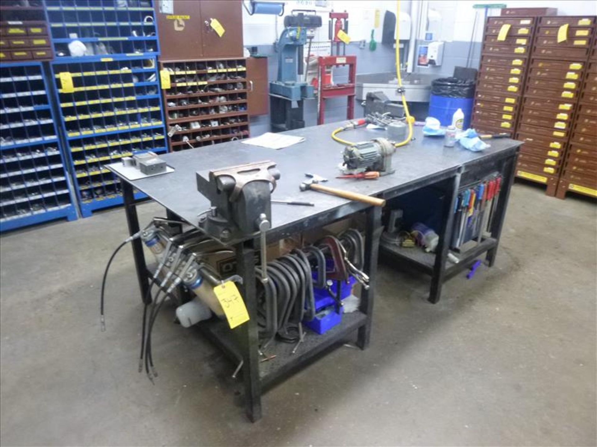 48" x 90" steel welding table c/w 8" & 5" vises (CONTENTS NOT INCLUDED)