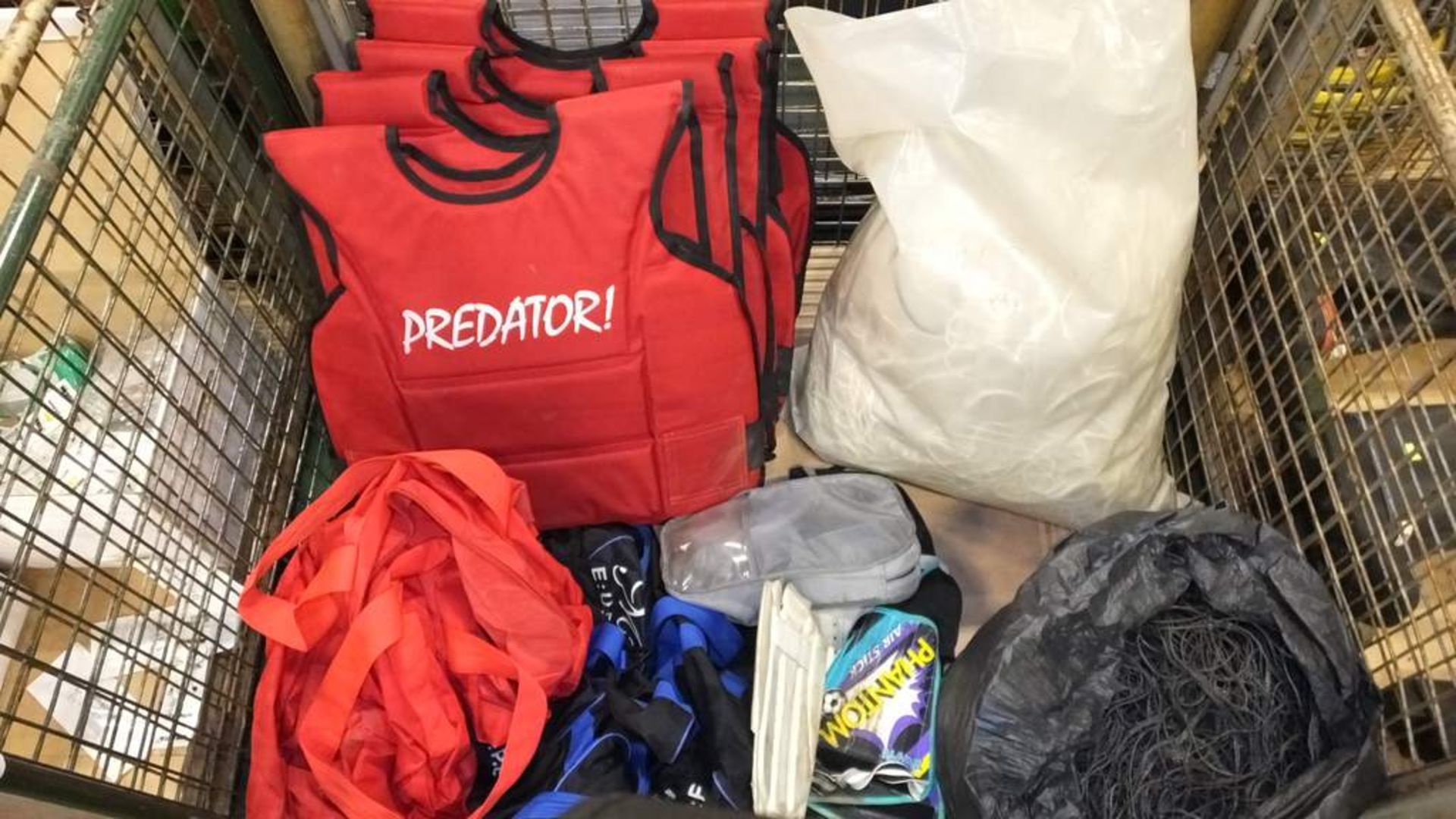 Various sporting equipment - Predator padded vests, sports bags & nets