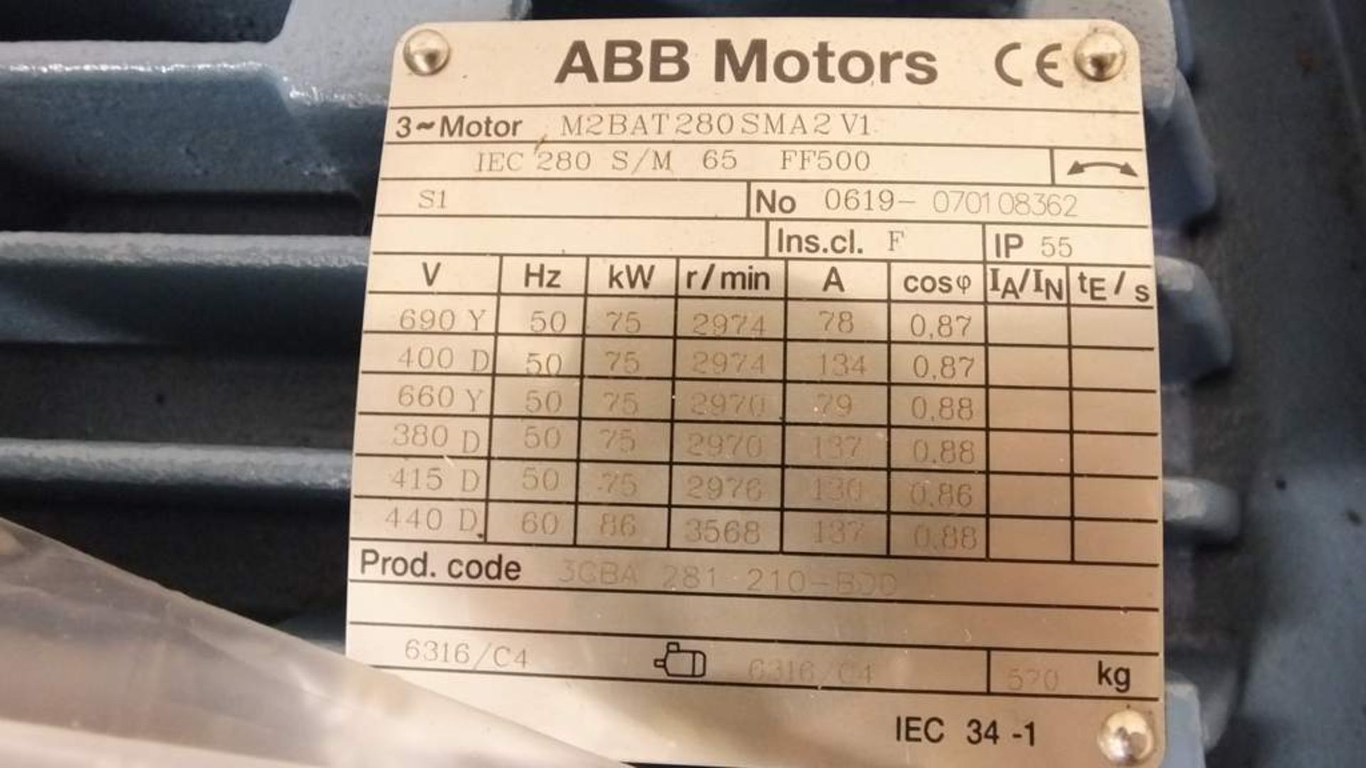 ABB motor M2BAT280 - 3 phase variable motor 50hz 400v - Image 4 of 4