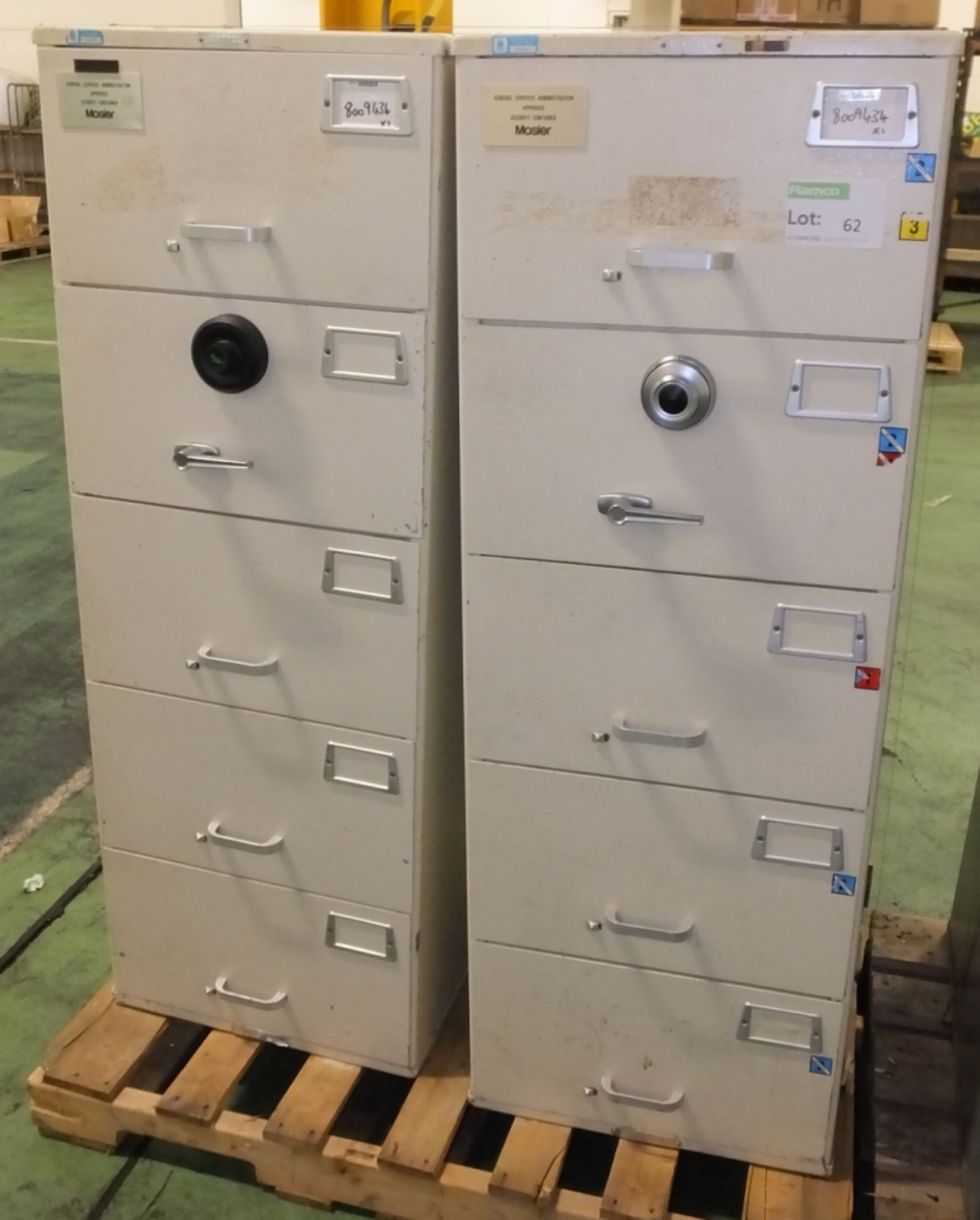 2x 5 Mosler drawer combination filing cabinets (combination unknown)