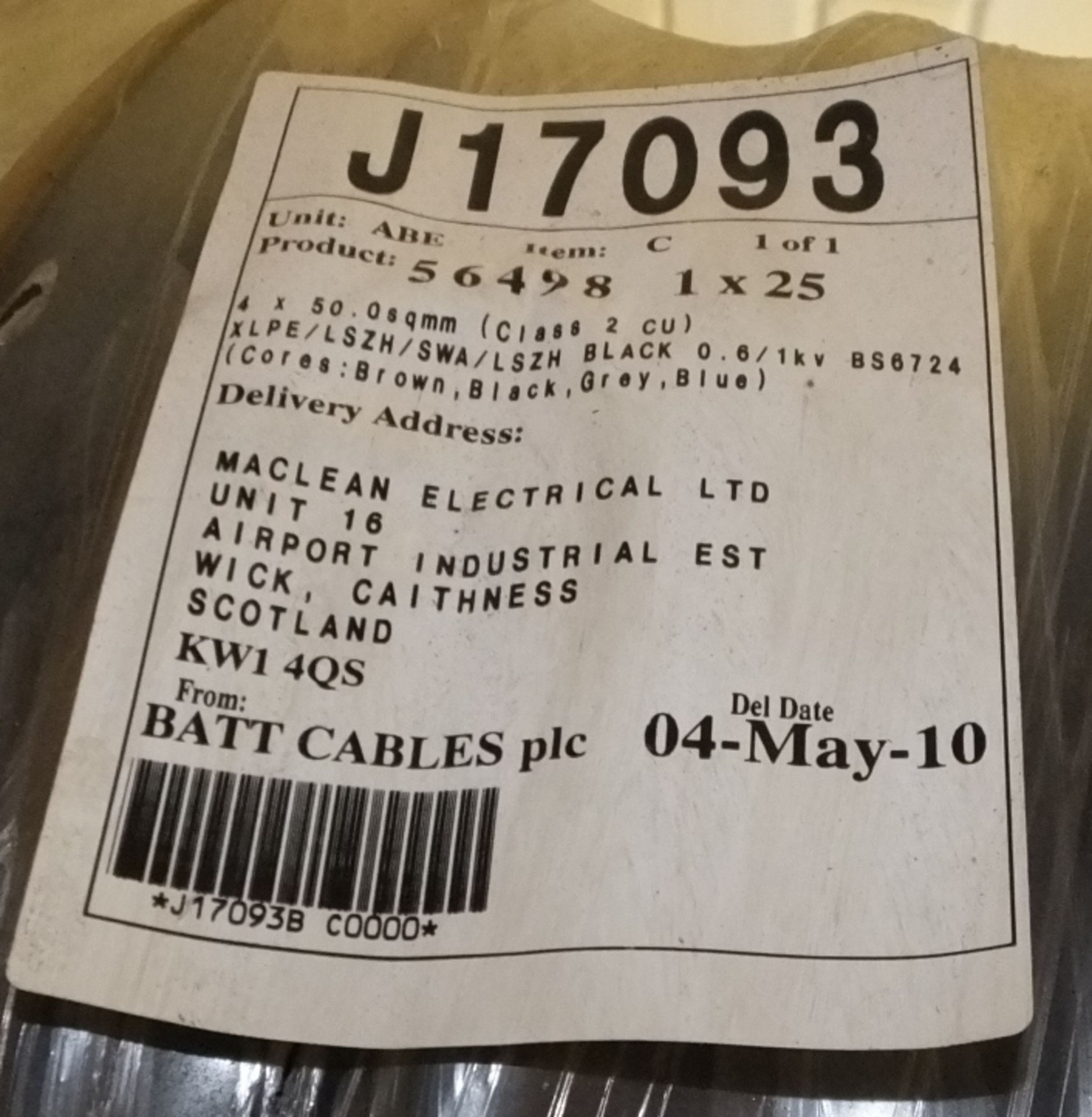 2x Batt Cable reels - 1x 4 core 4mm XLPE/LSF/SWA/LSF black 100M, 1x 50mm 4 core LSF/SWA - Image 4 of 5