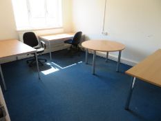 Contents of office to include 3 rectangular tables, 1 circular table and 2 office chairs