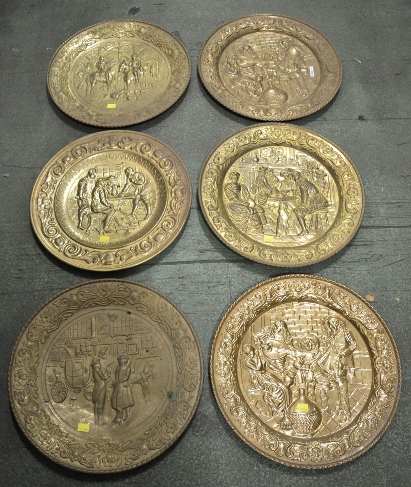 6x Wall-Mounted 14" Pressed Brass Decorative Plates.