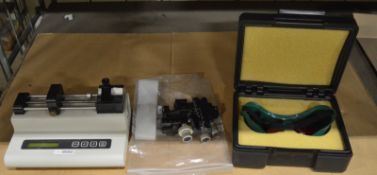 KD Scientific Syringe Pump Model 101, 3 Axis Micrometer Slide, Laser-gard Safety Goggles.