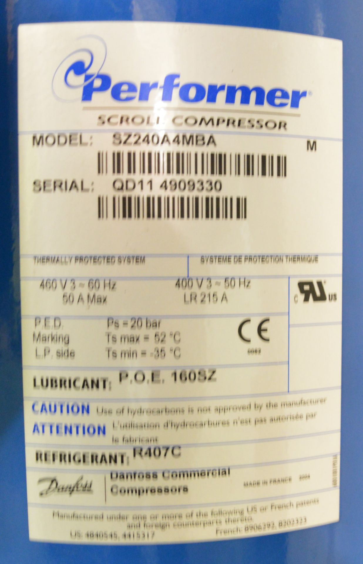 Danfoss Scroll Compressor SZ240A4MBA - 400-460V 50/60Hz 50A max - Refrigerant R407C. - Image 2 of 2
