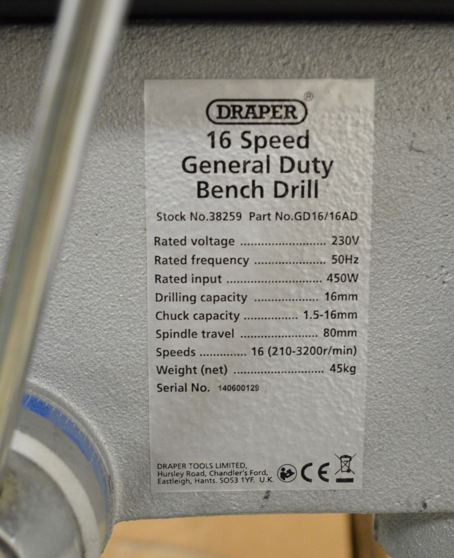 Draper Pillar Drill GD16/16AD 230V. - Image 2 of 2