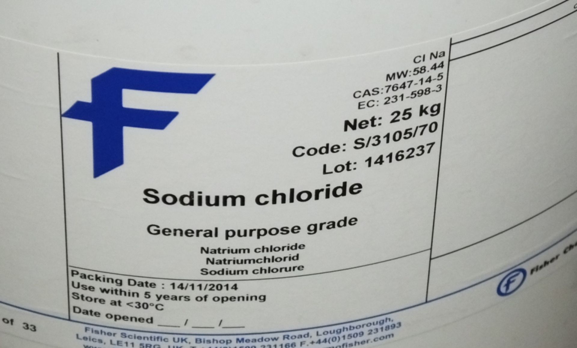 4x 25kg Tubs - Fisher Chemical Sodium Chloride - Image 3 of 3