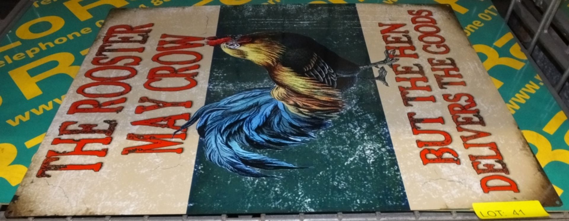 Tin plate sign - The Rooster May Crow