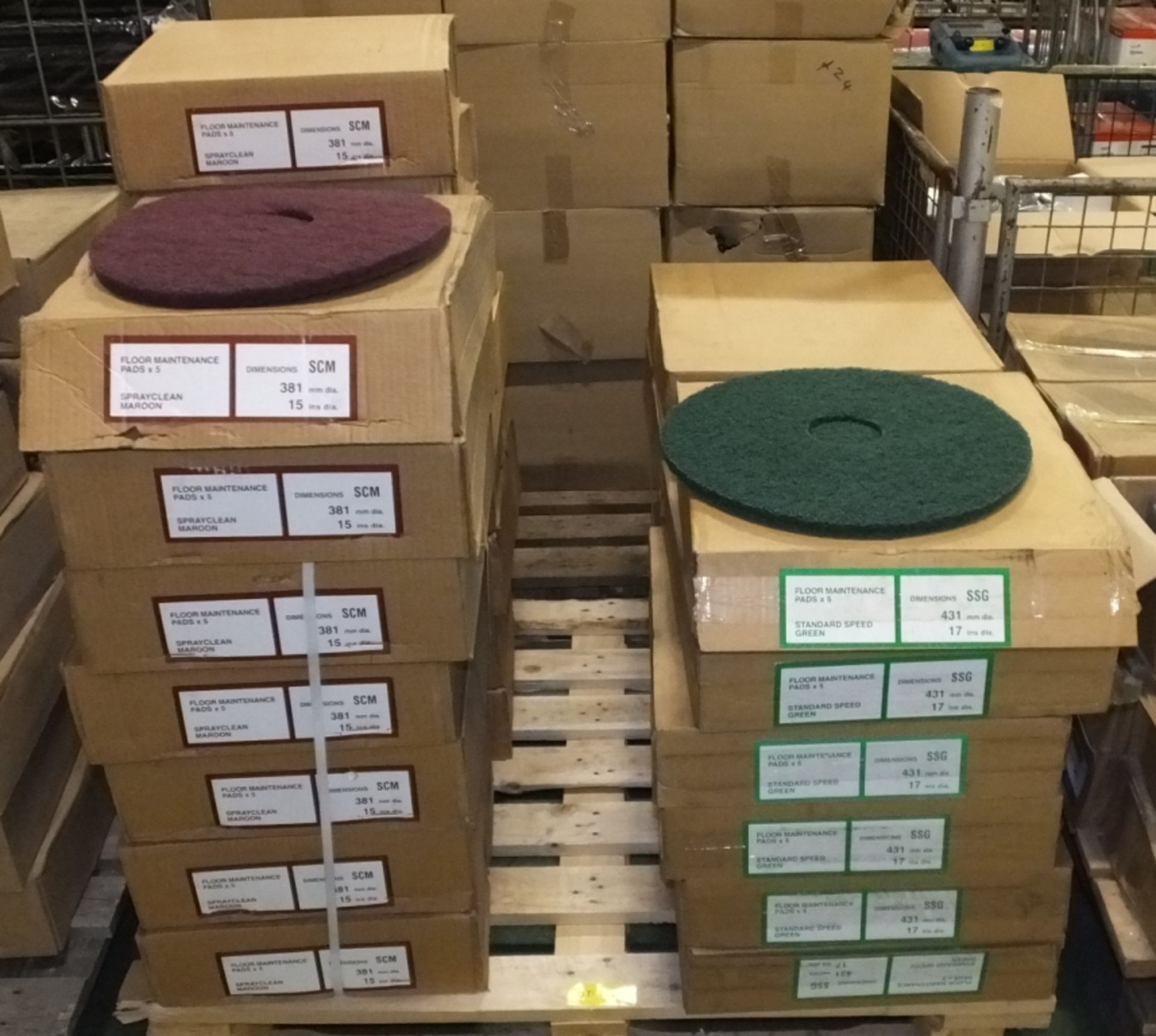 Floor Maintenance pads - Green - 5 per box - 12 boxes, Maroon - 5 per box - 15 boxes