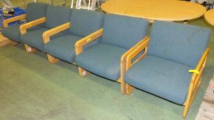 5x Reception chairs - green fabric wood frames