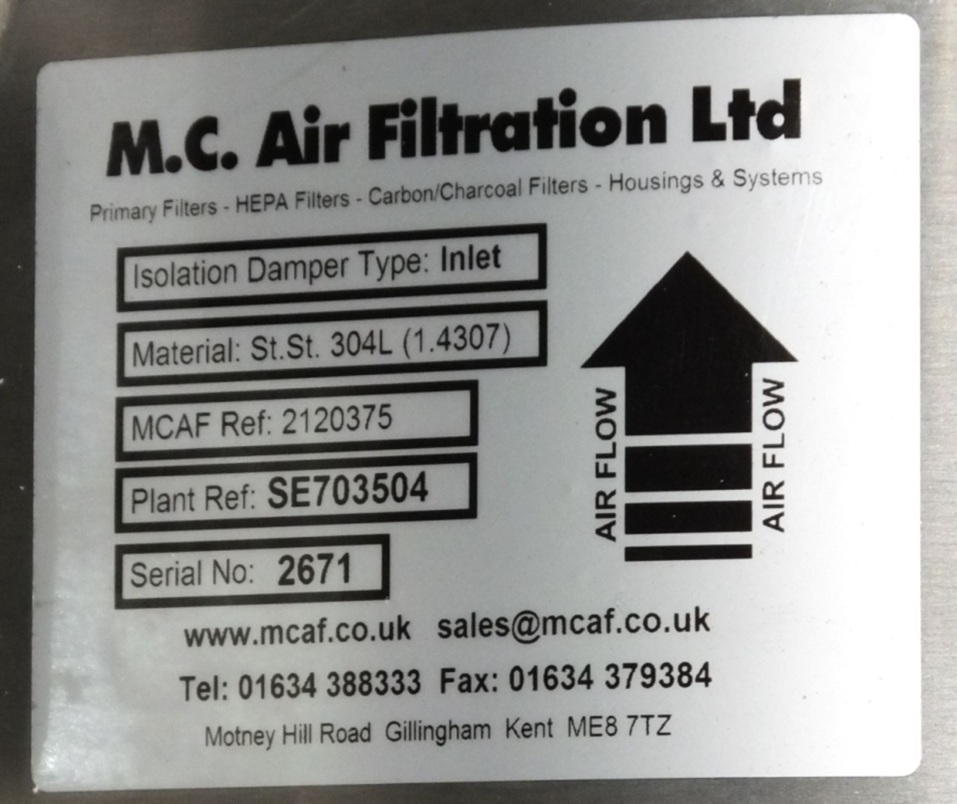 2x M.C. Air Filtration Ltd Isolation Damper Inlets, Gate valve - Image 3 of 3