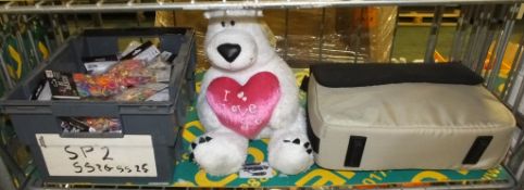 E. Pram carry bag, White Bear "I love you" soft toy, Loom band packets