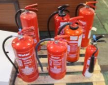 6x Water fire extinguishers, 1x Co2 Fire extinguisher (used)