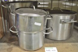 31 Litre Heavy Pan. 7.2 Gallon Pot. 2x Small Cooking Pot.