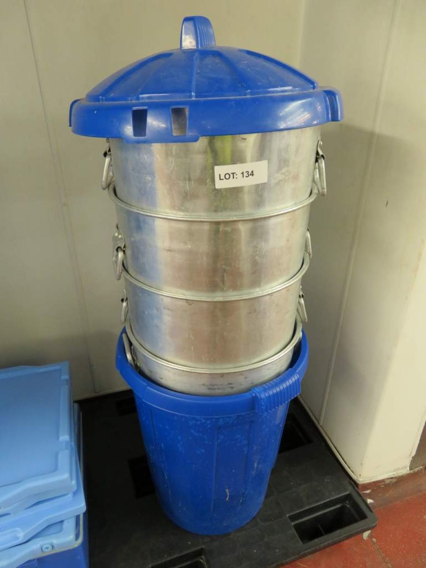 4x Large metal bins and 1x Blue plastic bin