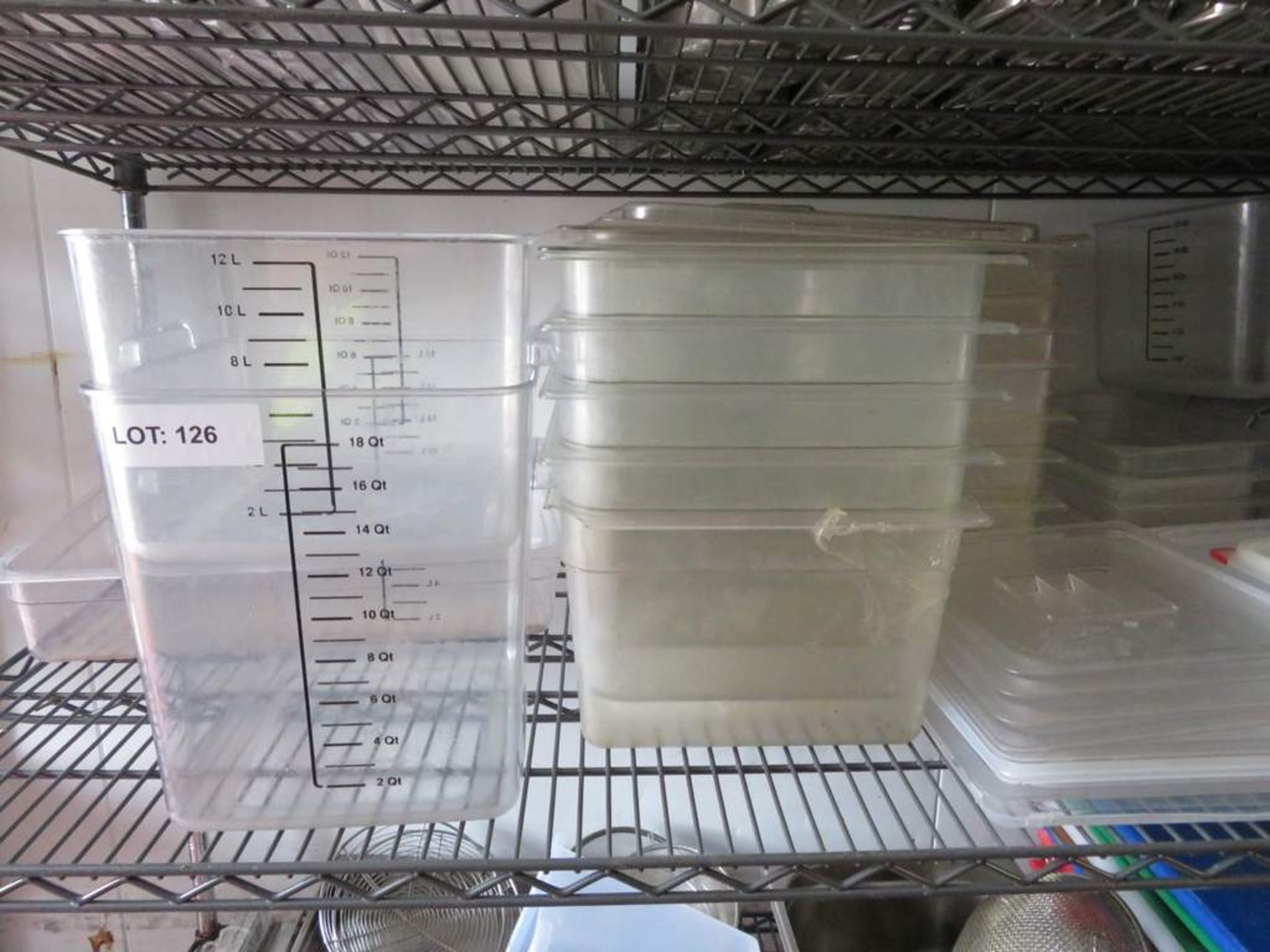 Various sized plastic measuring tubs & clear plastic food storage containers. - Image 2 of 3