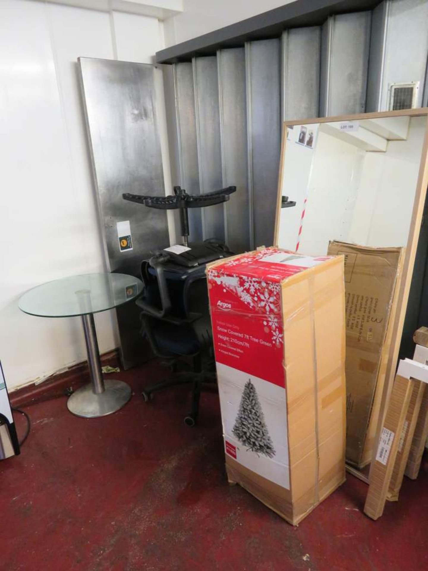 Various items to include: Steel frame stands, 7ft snow covered christmas tree etc