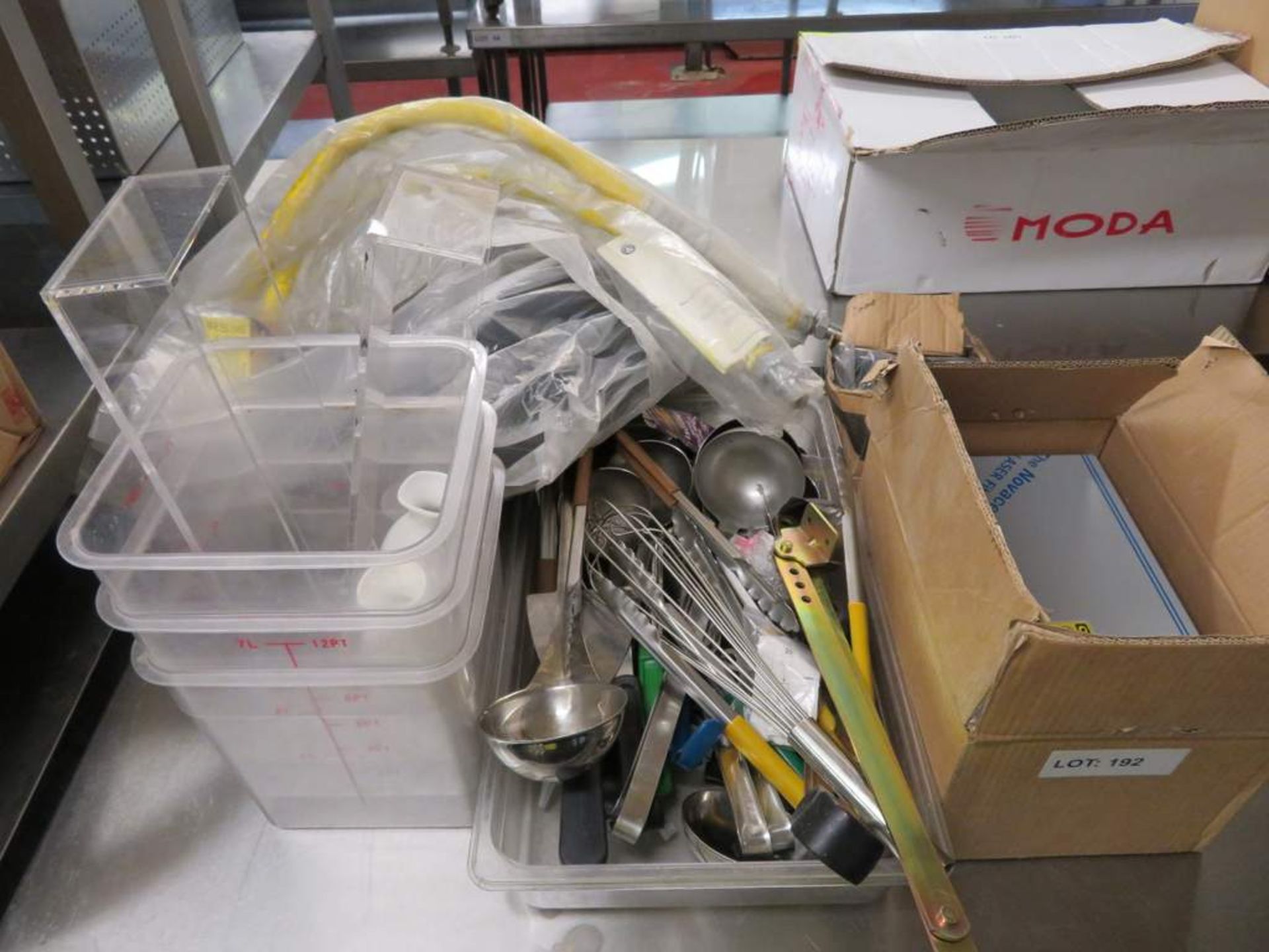 Quantity of various kitchen untensils, drinking glasses, cable trunking, etc.