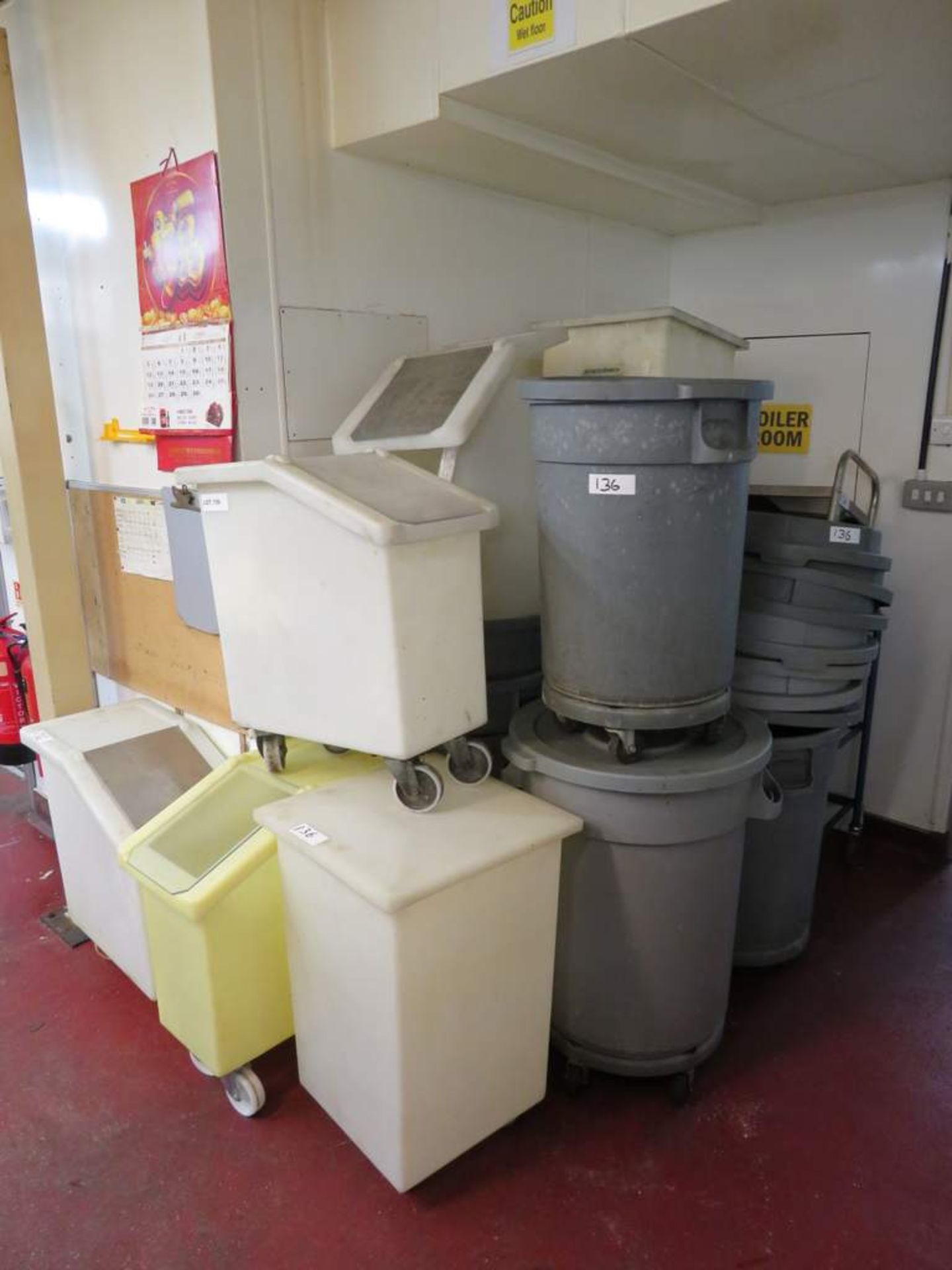 Selection of plastic portable food containers/bins approximately 15, and 2 metal kitchen trollies.