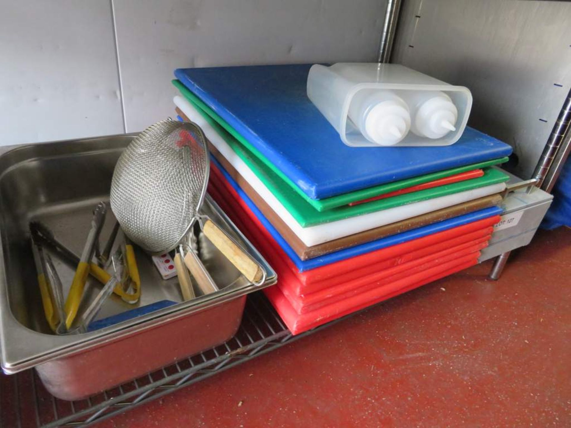 Various kitchen utensils, colour coded chopping boards and bain marie trays. - Image 3 of 3