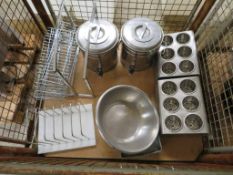 Various Catering Equipment - condiment holders, hot water dispenser, tray rack, mixing bowl, etc
