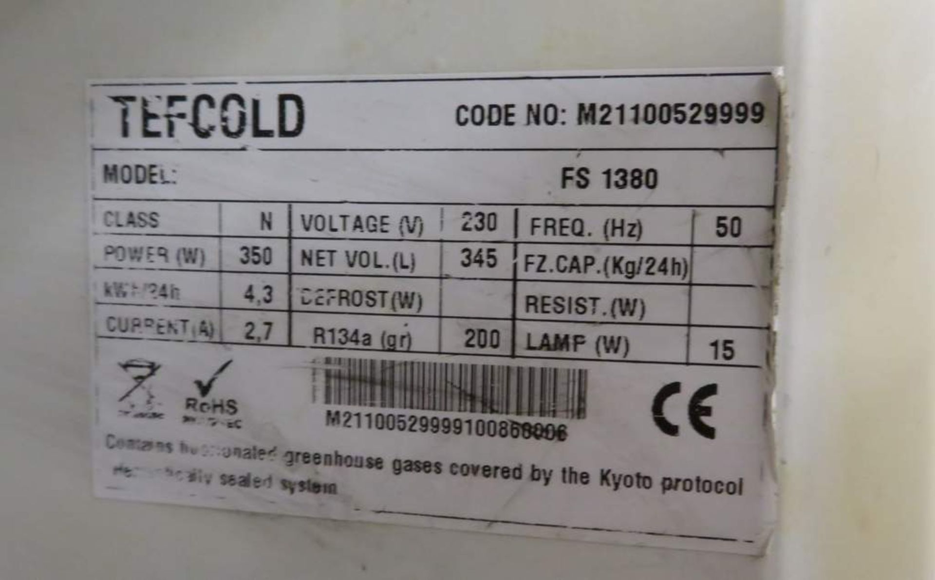 Tefcold FS1380 glass door display fridge. 230v 50Hz 1 phase. Right Hinged - Image 4 of 4