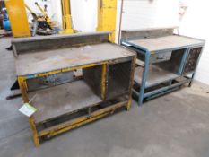 2 x Metal Workbenches with Lowering Wheels