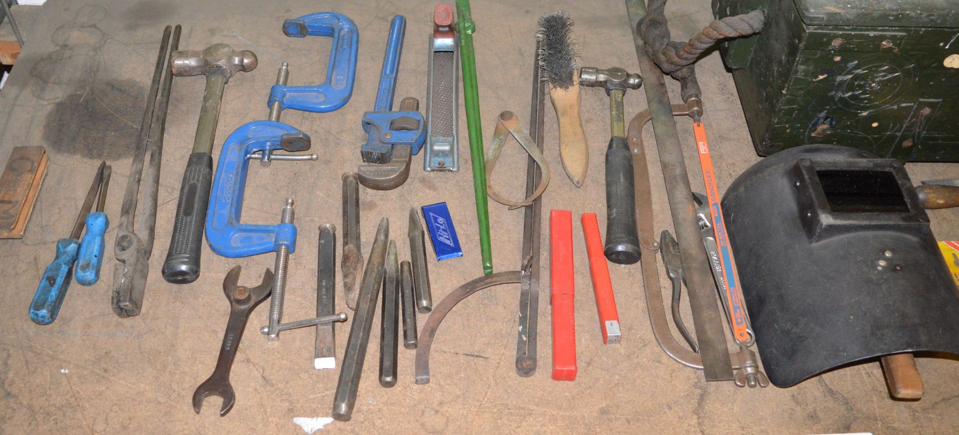 Hammers, Punches, Files, Clamps, Hacksaw, Wrench, Wooden Toolbox. - Image 2 of 3