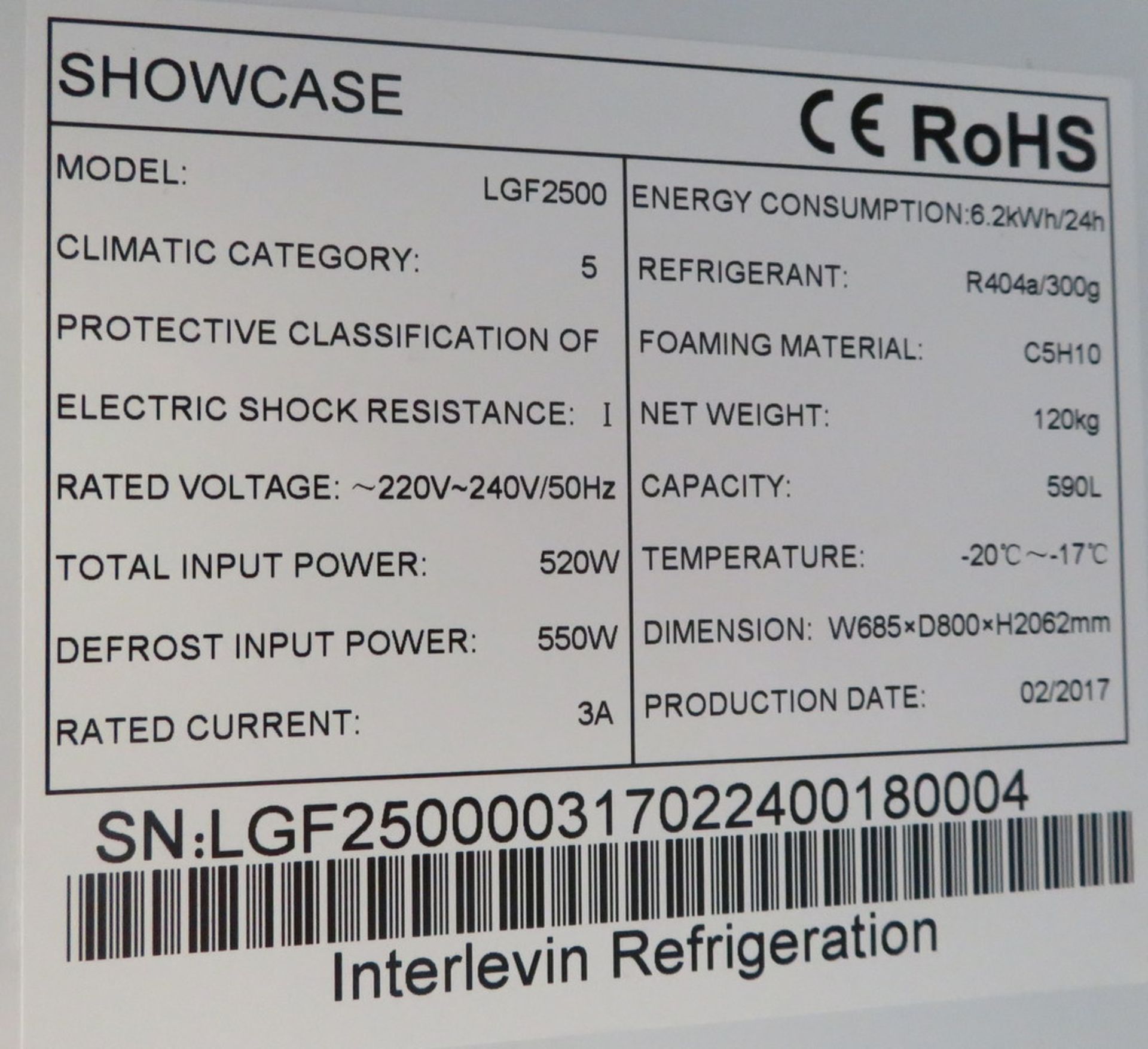 2017 INTERLEVIN MODEL LFG2500 UPRIGHT DISPLAY FREEZER - Image 3 of 3