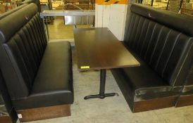 2x Padded Black Benches & Wooden Table - Dimensions: Bench = 160x65x120cm Table =150x70x80