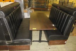 2x Padded Black Benches & Wooden Table - Dimensions: Bench = 160x65x120cm Table =150x70x80