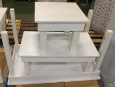 3x White Wooden tables (1 damaged)