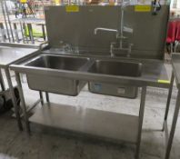 Stainless steel Sink unit with 2 Sinks and under counter shelf - Dimensions: 150x80x200cm (LxDxH)