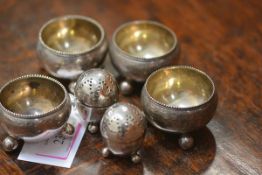 A set of four Victorian silver cauldron salts London 1875, each with beaded rim and raised on four