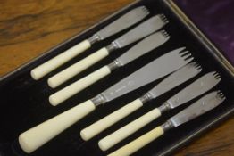 A cased set of six Victorian ivory-handled silver sardine forks and server, William Hutton & Sons,