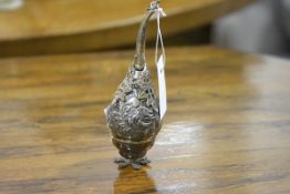 A white metal rosewater bottle or sprinkler, possibly late Ottoman, the body of pear shape, embossed