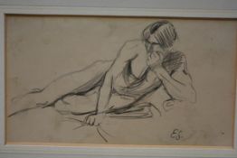 British School, 20th Century, Study of a Reclining Male Nude, pencil, monogram "ES", framed. 10.