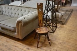 A late 19th century stained pokerwork spinning chair, the seat and back decorated with St. George