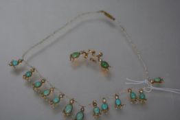 A 19th century seed pearl and turquoise fringe necklace with a pair of drop earrings en suite, the