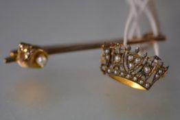 A 9ct gold brooch set with seed pearls, modelled as a coronet; together with a 9ct gold bar brooch