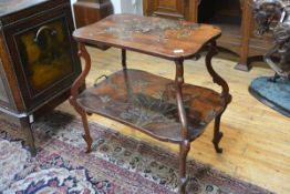 A late 19th century lacquered rosewood two-tier etagere, showing Aesthetic influence, the