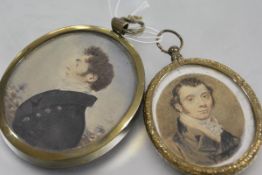 English School, c. 1820, a portrait miniature of a gentleman in a blue coat, oval, watercolour on