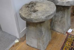 A sandstone staddle stone, of characteristic form 57cm by 53cm diameter