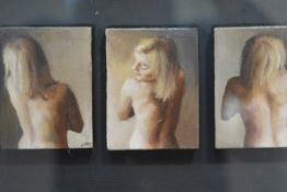 Cherylene Dyer (Contemporary), Hidden Tryptic, signed, oil on canvas, framed. Each 10cm by 7.5cm
